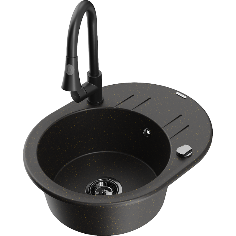 Mexen Kevin granite sink 1-bowl with drainer and Elia kitchen tap, black/gold metallic - 6517-75-670101-70-B