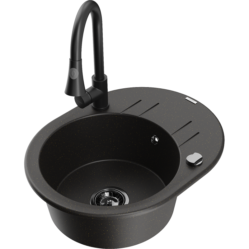 Mexen Kevin lava-loiça de granito 1-cuba com escorredor e torneira de cozinha Elia, preto/dourado metálico