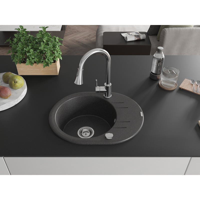 Mexen Kevin 1-bowl granite sink with drainer and Elia kitchen tap, speckled black - 6517-76-670101-00