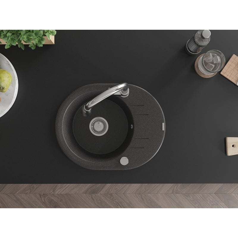 Mexen Kevin 1-bowl granite sink with drainer and Elia kitchen faucet, black speckled - 6517-76-670101-00