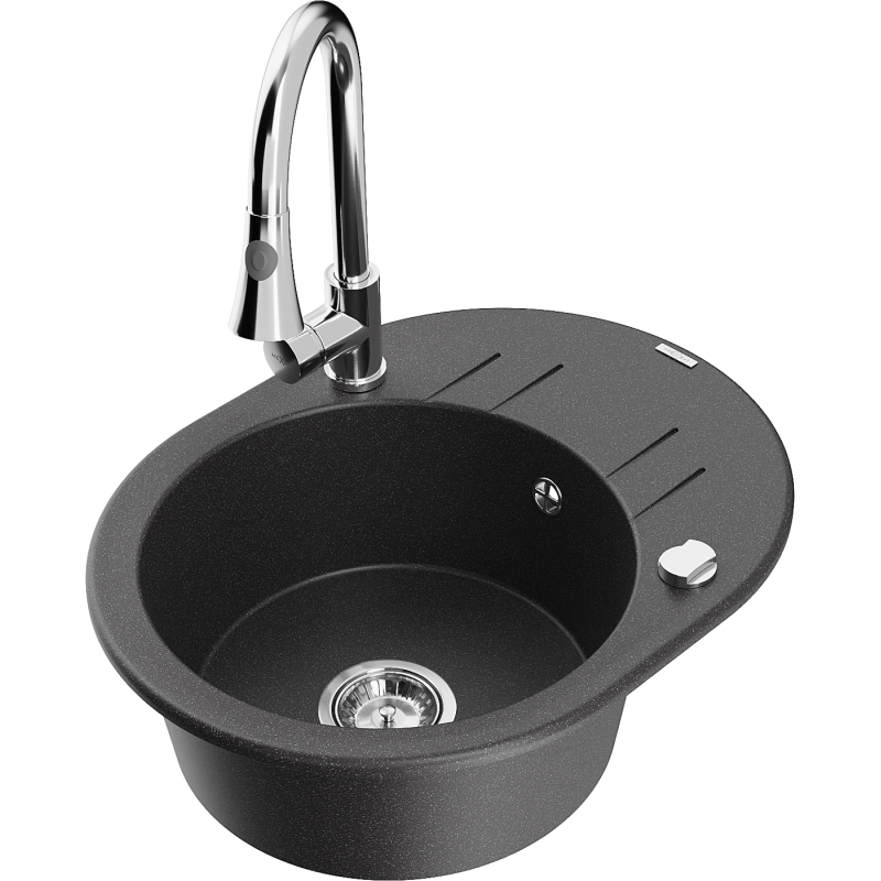 Mexen Kevin 1-bowl granite sink with drainer and Elia kitchen tap, speckled black - 6517-76-670101-00