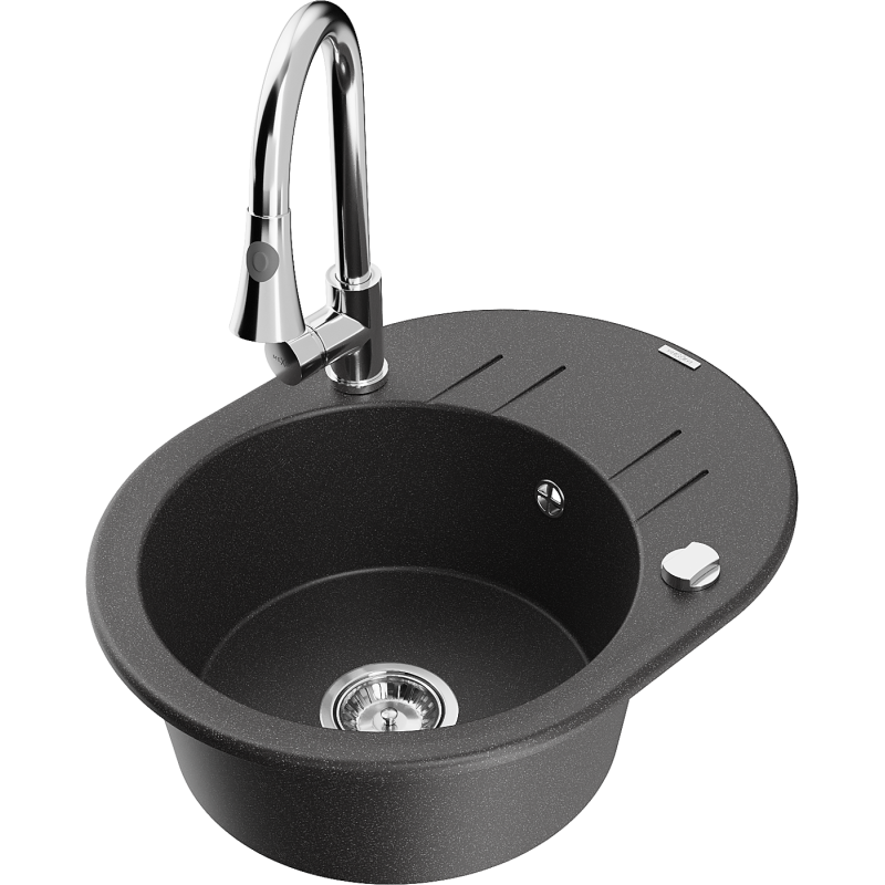 Mexen Kevin fregadero de cocina de granito de 1 seno con escurridor y grifo de cocina Elia, negro moteado - 6517-76-670101-00