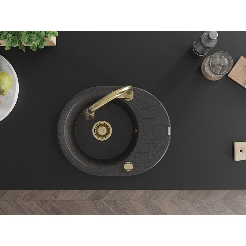 Mexen Kevin fregadero de granito de 1 seno con escurridor y grifo de cocina Elia, negro moteado - 6517-76-670101-50