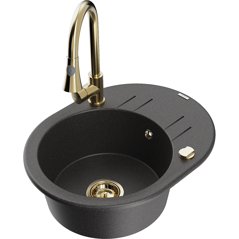 Mexen Kevin fregadero de granito de 1 seno con escurridor y grifo de cocina Elia, negro moteado - 6517-76-670101-50