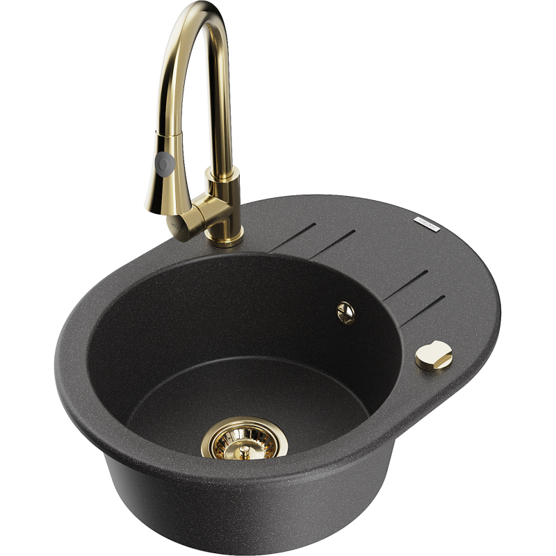 Mexen Kevin one-bowl granite kitchen sink with drainer and Elia kitchen tap, black speckled - 6517-76-670101-50