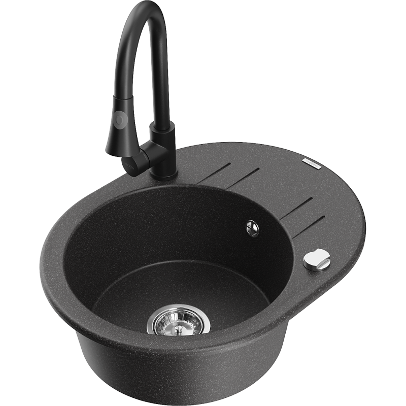 Mexen Kevin 1-bowl granite sink with drainer and Elia kitchen tap, speckled black - 6517-76-670101-70