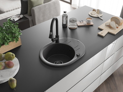 Mexen Kevin granite sink 1-bowl with drainer and Elia kitchen tap, black speckled - 6517-76-670101-70-B