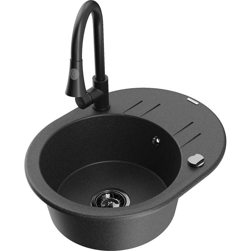 Mexen Kevin fregadero de granito de 1 cubeta con escurridor y grifo de cocina Elia, negro moteado - 6517-76-670101-70-B