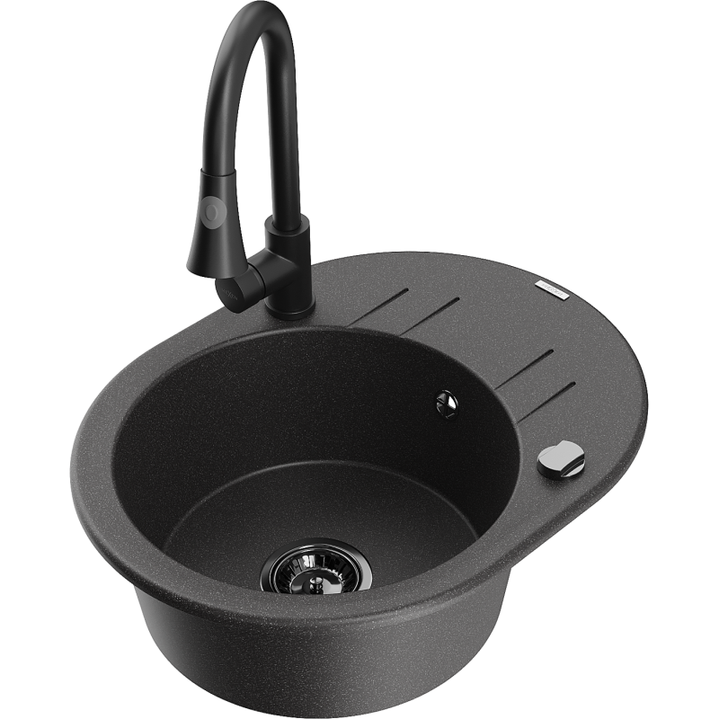 Mexen Kevin granitdiskbänk i ett stycke med avrinning och kökskran Elia, svart spräcklig - 6517-76-670101-70-B