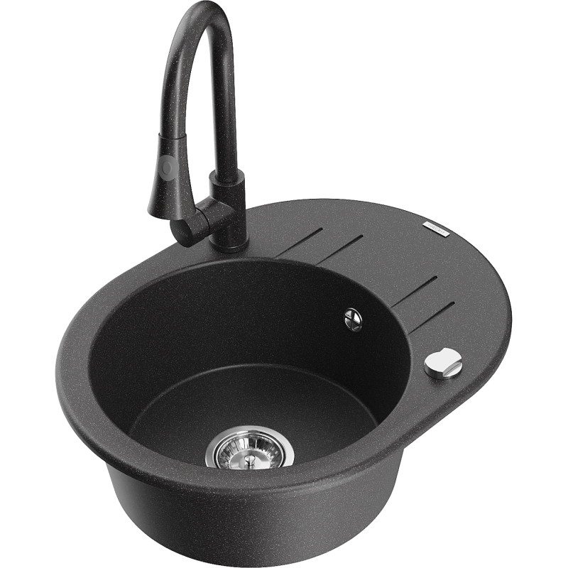Mexen Kevin Granitspüle ein Becken mit Abtropffläche und Küchenarmatur Elia, schwarz gesprenkelt - 6517-76-670101-76