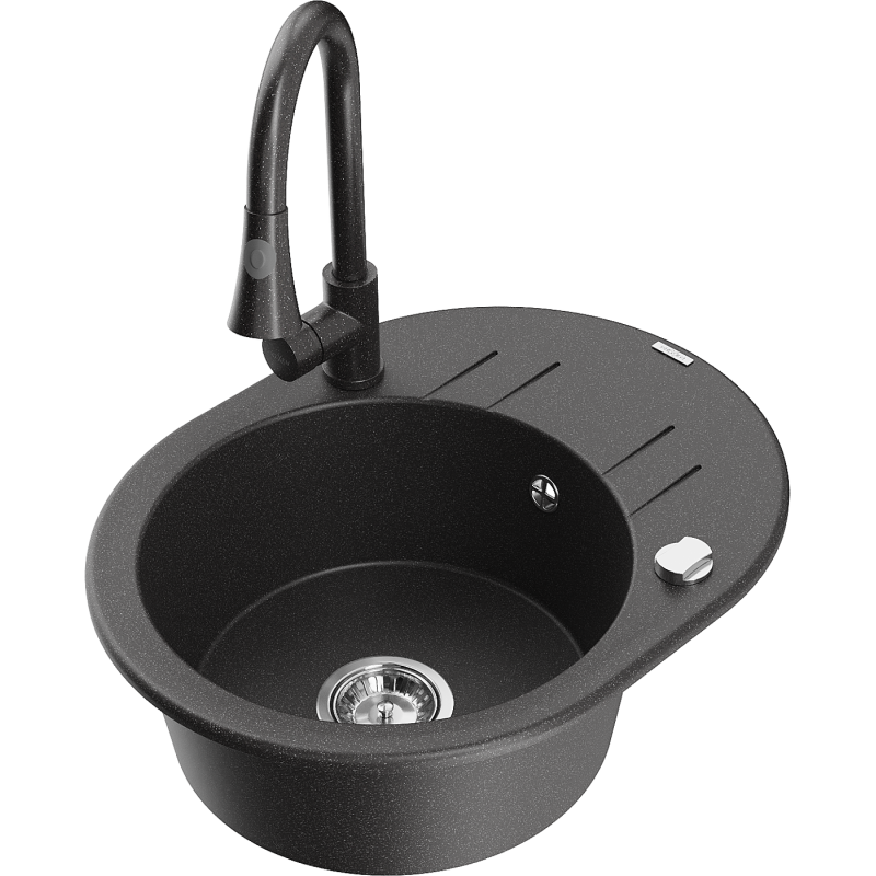 Mexen Kevin lavello in granito a 1 vasca con sgocciolatoio e miscelatore Elia, nero maculato - 6517-76-670101-76