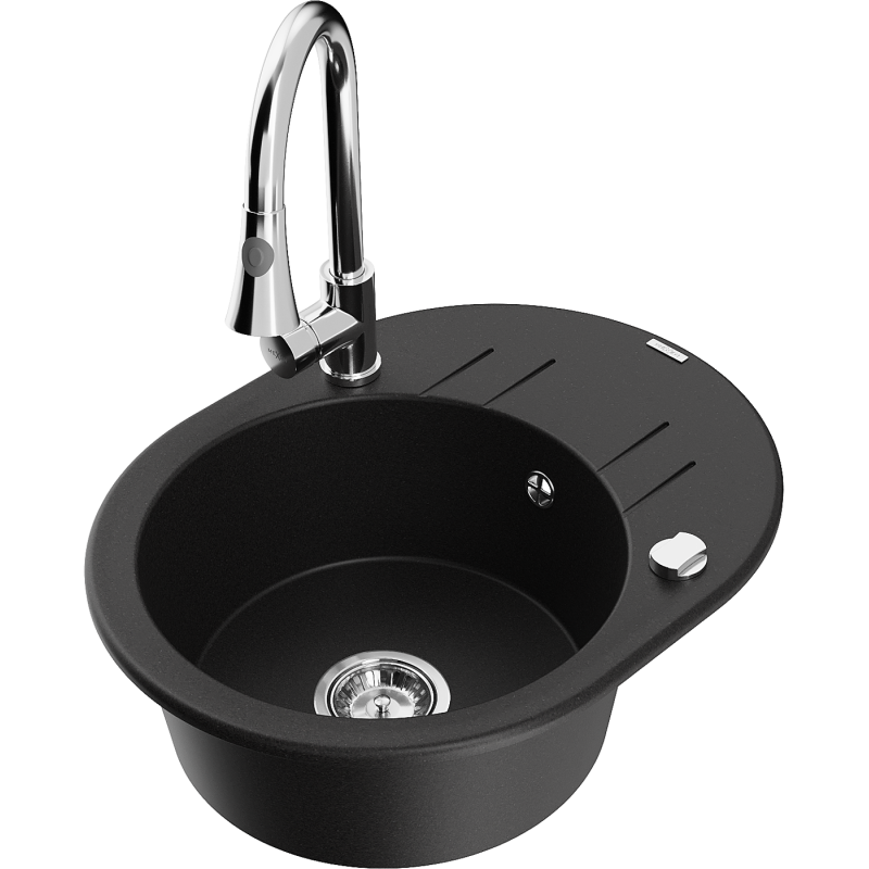 Mexen Kevin 1-bowl granite sink with drainer and Elia kitchen tap, black - 6517-77-670101-00
