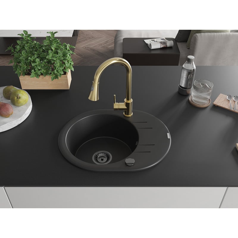 Mexen Kevin granite sink 1-bowl with drainer and kitchen tap Elia, black - 6517-77-670101-50-B