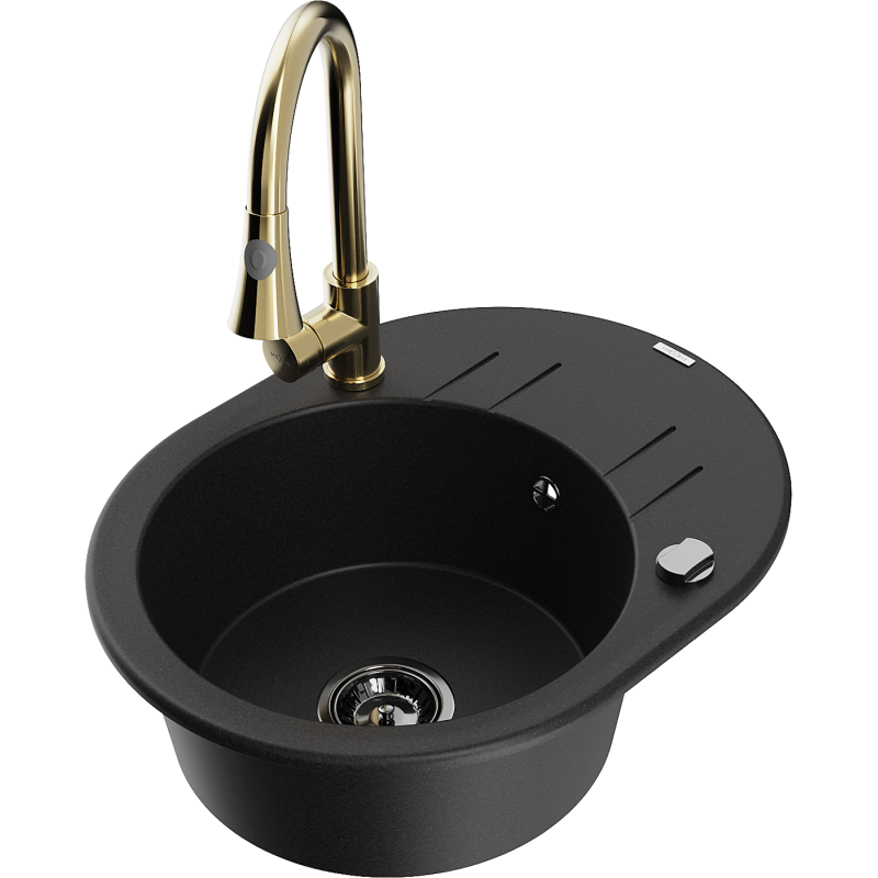 Mexen Kevin granite sink 1-bowl with drainer and kitchen tap Elia, black - 6517-77-670101-50-B