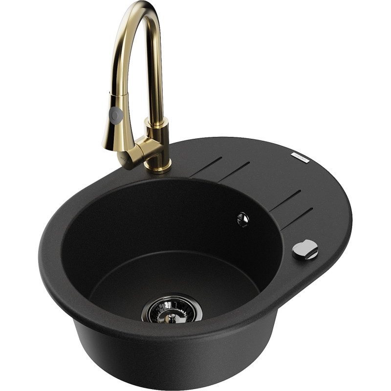Mexen Kevin Granitspüle 1-Becken mit Abtropffläche und Küchenarmatur Elia, schwarz - 6517-77-670101-50-B