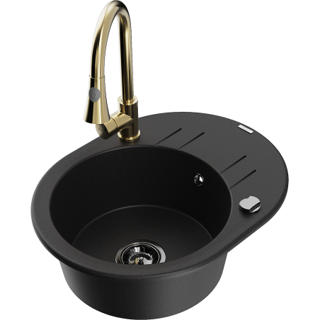 Mexen Kevin granite sink 1-bowl with drainer and kitchen tap Elia, black - 6517-77-670101-50-B