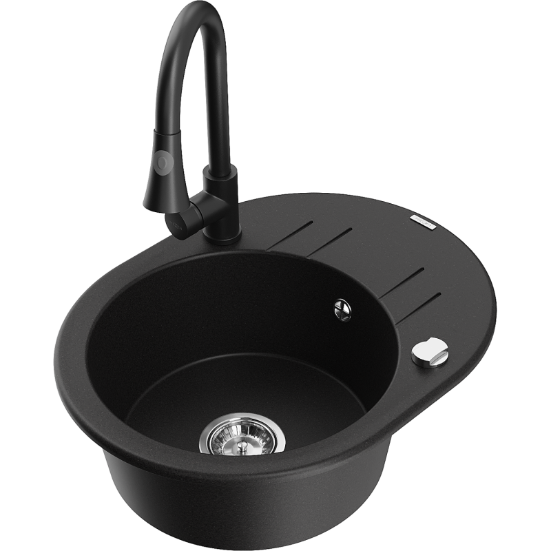 Mexen Kevin fregadero de granito de 1 seno con escurridor y grifo de cocina Elia, negro - 6517-77-670101-70