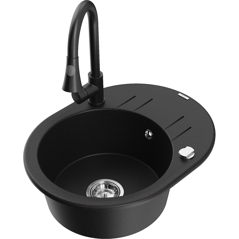 Mexen Kevin granitizlietne ar vienu nodalījumu, noteku un Elia virtuves jaucējkrānu, melns - 6517-77-670101-70