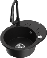 Mexen Kevin granite single-bowl kitchen sink with drainer and Elia faucet, black - 6517-77-670101-70