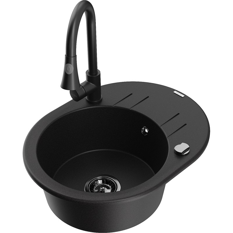 Mexen Kevin fregadero de granito de 1 cuenco con escurridor y grifo de cocina Elia, negro - 6517-77-670101-70-B