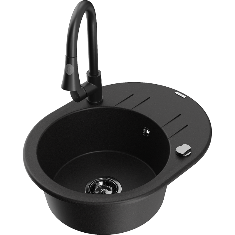 Mexen Kevin single-bowl granite sink with drainer and Elia kitchen tap, black - 6517-77-670101-70-B