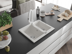 Mexen Carlos granite sink 1.5-bowl with Elia kitchen tap, white - 6518-20-670101-20