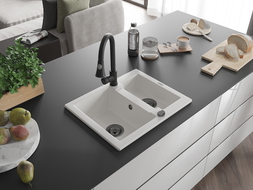 Mexen Carlos 1.5-bowl granite sink with Elia kitchen tap, white - 6518-20-670101-70