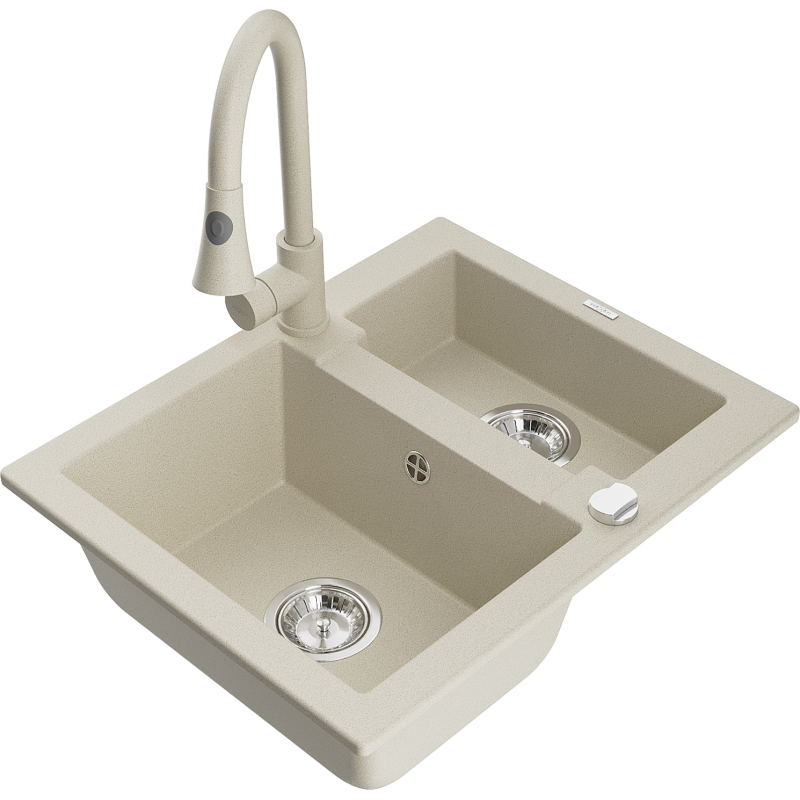 Mexen Carlos évier en granit 1,5 bac avec robinet de cuisine Elia, beige - 6518-69-670101-69