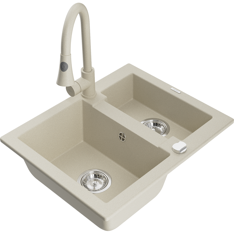Mexen Carlos granite sink 1.5-bowl with Elia kitchen tap, beige - 6518-69-670101-69