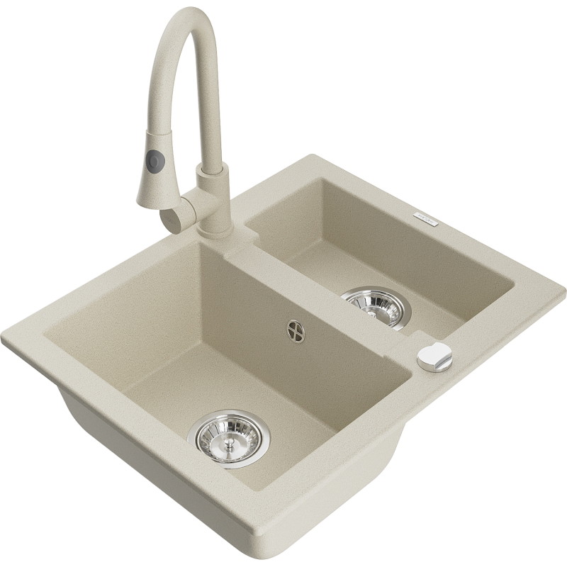 Mexen Carlos Granitspüle 1,5-Kammer mit Küchenarmatur Elia, beige - 6518-69-670101-69