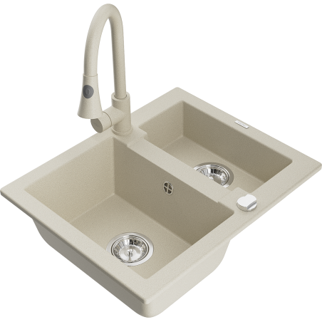 Mexen Carlos granite sink 1.5-bowl with Elia kitchen tap, beige - 6518-69-670101-69