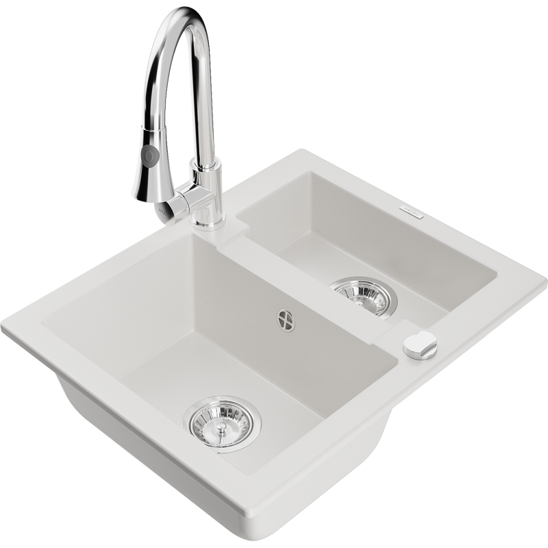 Mexen Carlos 1.5-bowl granite kitchen sink with Elia kitchen tap, white - 6518-20-670101-00