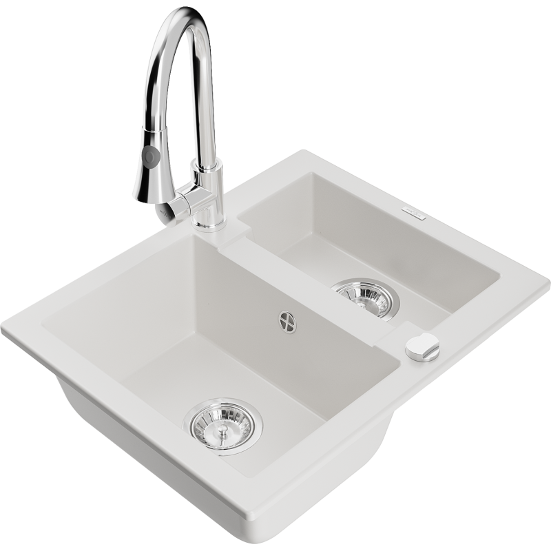 Mexen Carlos lava-loiça de granito de 1,5 cubas com torneira de cozinha Elia, branco - 6518-20-670101-00