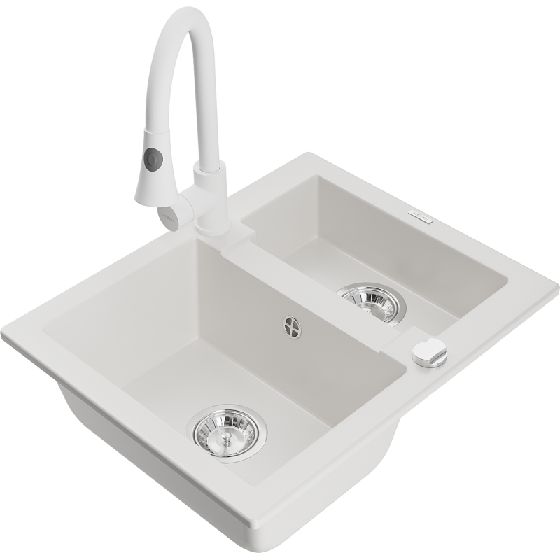 Mexen Carlos fregadero de granito de 1,5 senos con grifo de cocina Elia, blanco - 6518-20-670101-20