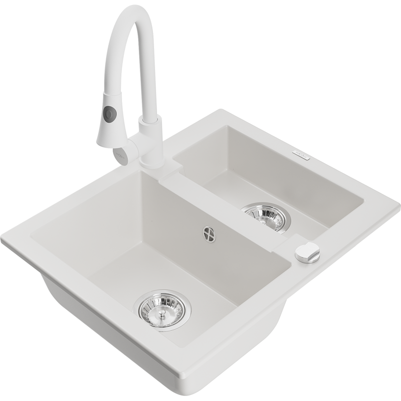 Mexen Carlos lava-louça de granito 1,5-compar­timentos com torneira de cozinha Elia, branco - 6518-20-670101-20