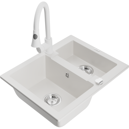 Mexen Carlos fregadero de granito de 1,5 senos con grifo de cocina Elia, blanco - 6518-20-670101-20