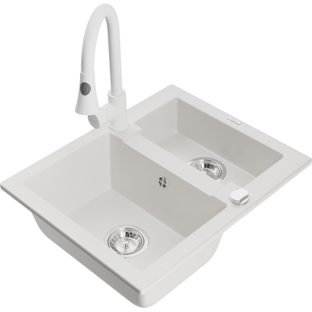 Mexen Carlos granite sink 1.5-bowl with Elia kitchen tap, white - 6518-20-670101-20
