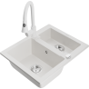Mexen Carlos granite sink 1.5-bowl with Elia kitchen tap, white - 6518-20-670101-20