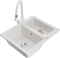 Mexen Carlos granite sink 1.5-bowl with Elia kitchen tap, white - 6518-20-670101-20