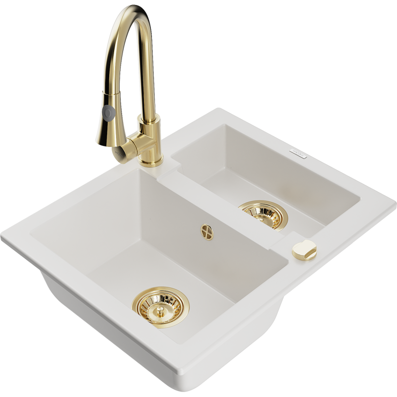 Mexen Carlos 1.5-bowl granite sink with Elia kitchen tap, white - 6518-20-670101-50
