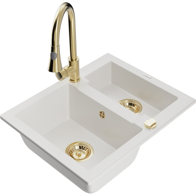 Mexen Carlos fregadero de granito 1,5 cubetas con grifo de cocina Elia, blanco - 6518-20-670101-50