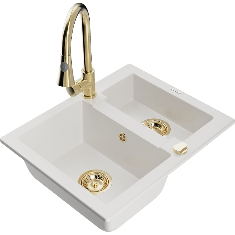 Mexen Carlos granite sink 1.5-bowl with Elia kitchen faucet, white - 6518-20-670101-50