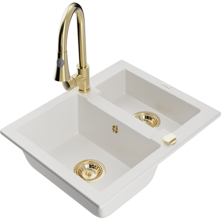 Mexen Carlos 1.5-bowl granite sink with Elia kitchen tap, white - 6518-20-670101-50