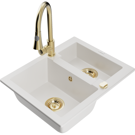 Mexen Carlos granite sink 1.5-bowl with Elia kitchen faucet, white - 6518-20-670101-50