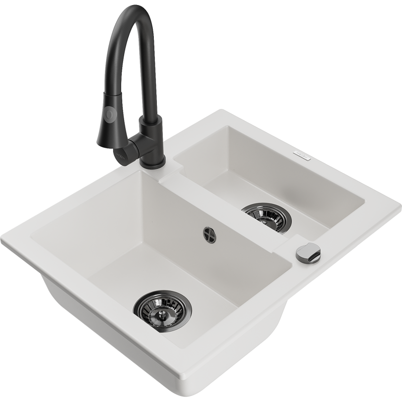 Mexen Carlos granitdiskho med 1,5 fack med köksblandare Elia, vit - 6518-20-670101-70