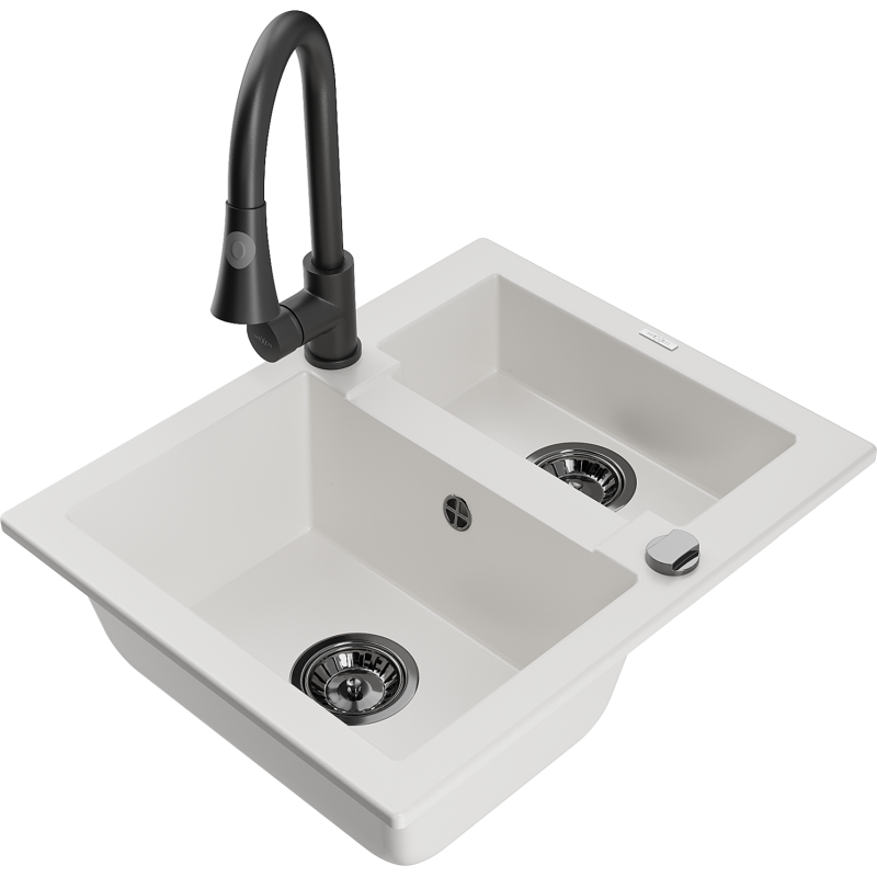 Mexen Carlos Granitspulltoilette mat 1,5 Sektiounen mat Küchenkran Elia, wäiss - 6518-20-670101-70