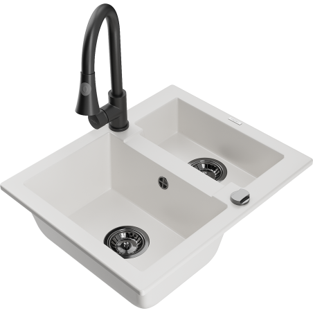 Mexen Carlos lavello in granito a 1,5 vasca con rubinetto da cucina Elia, bianco - 6518-20-670101-70