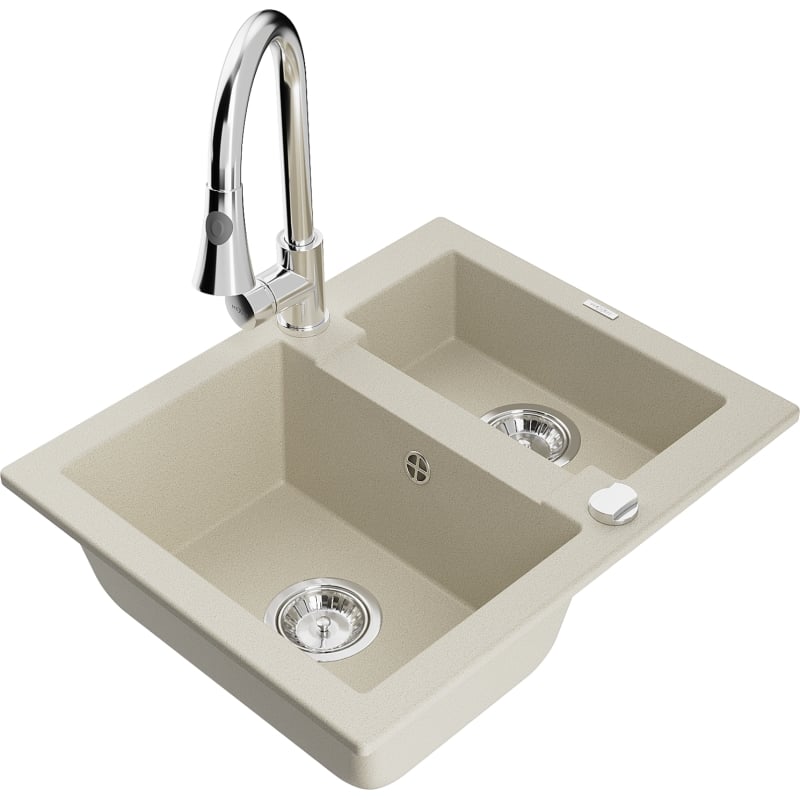 Mexen Carlos granite sink 1.5-bowl with Elia kitchen faucet, beige - 6518-69-670101-00