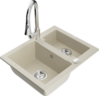 Mexen Carlos granite sink 1.5-bowl with Elia kitchen faucet, beige - 6518-69-670101-00