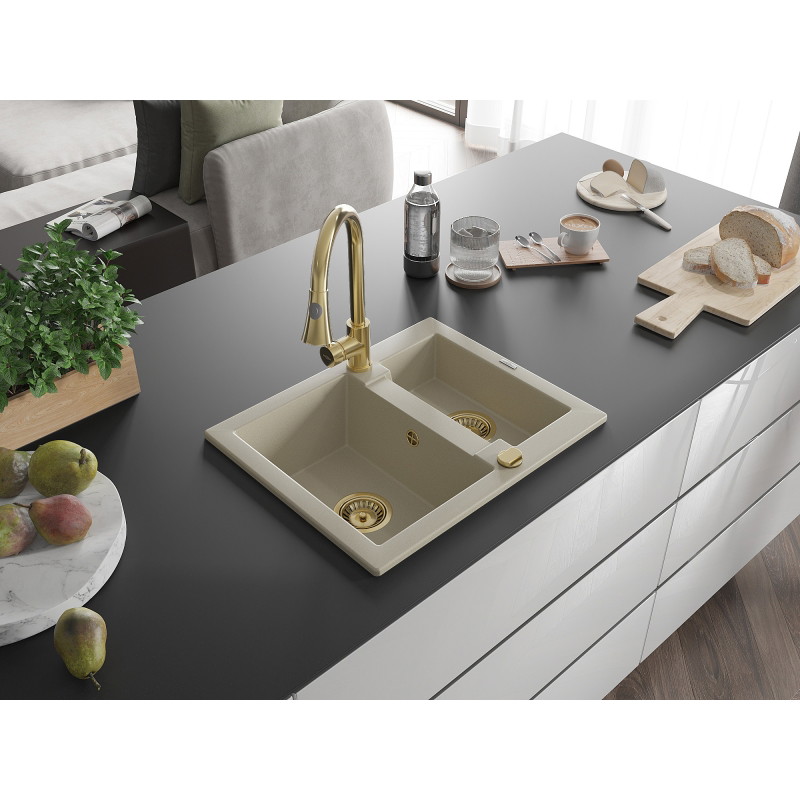 Mexen Carlos Granitspüle 1,5-Schüssel mit Küchenarmatur Elia, beige - 6518-69-670101-50